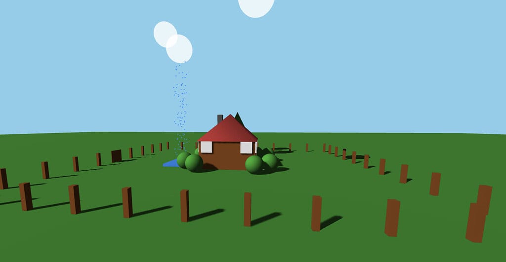 Ograja in hiša na zelenem travniku pod modrim nebom.